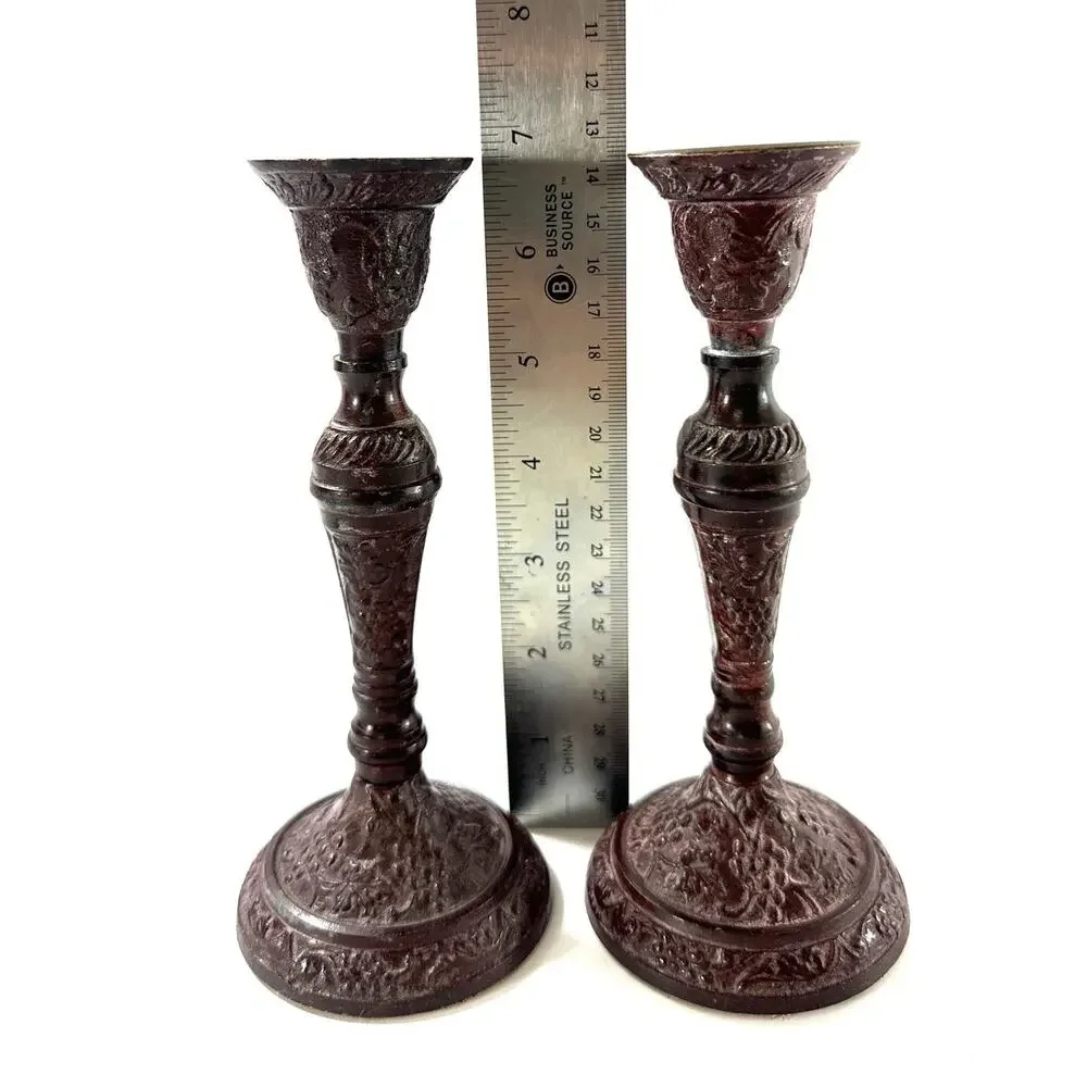 Pair Ornate Metal Candlestick Holders 6.8” Antiqued Burgundy Victorian Style